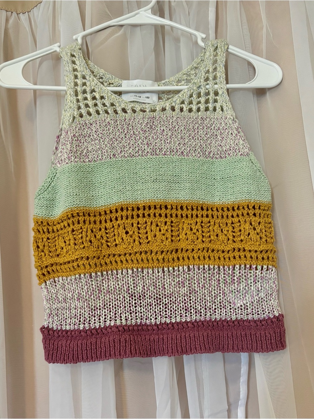 Zara Size L 11/12 Kids Striped Crochet Tank Top Sage Mustard Mauve Cotton Blend